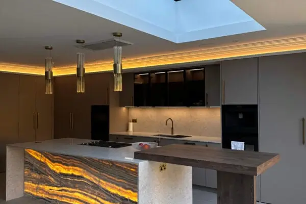 Grey kitchen design with soft lighting