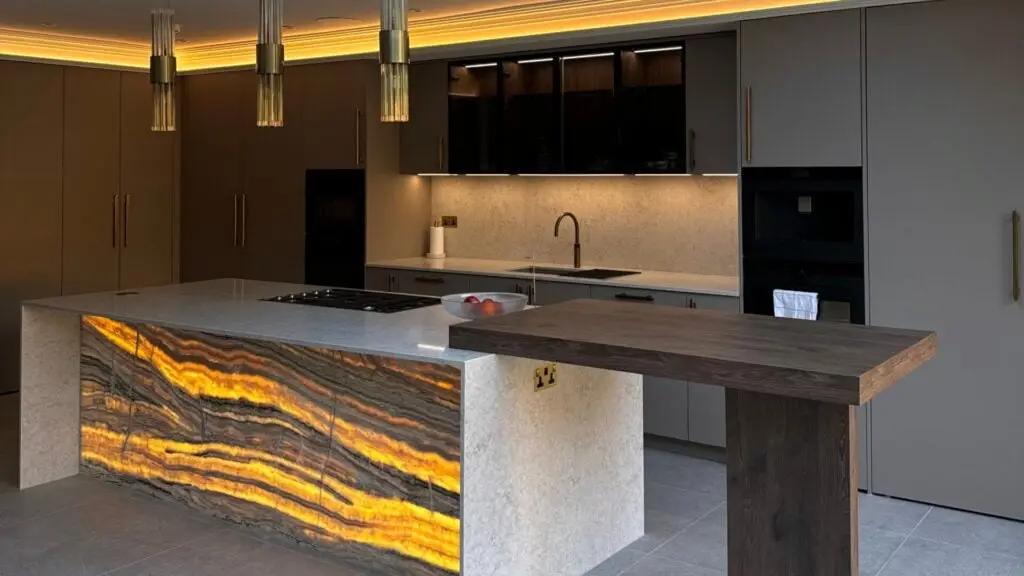 grey kitchen design with soft lighting